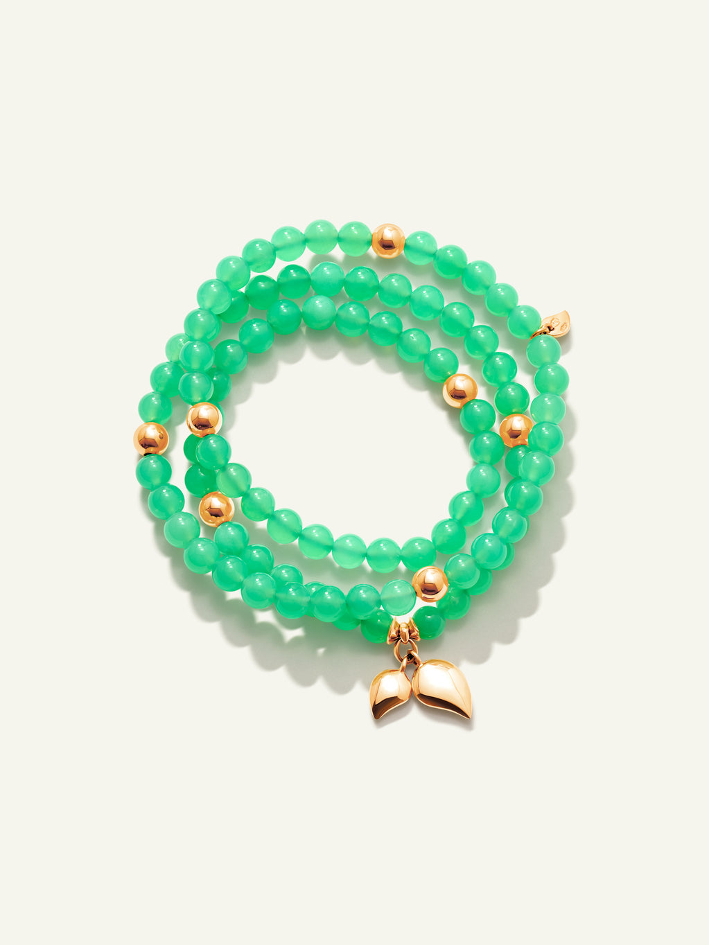 INDIA Medium Bracelet with 18K Gold Beads and Chrysoprase, Three Rows