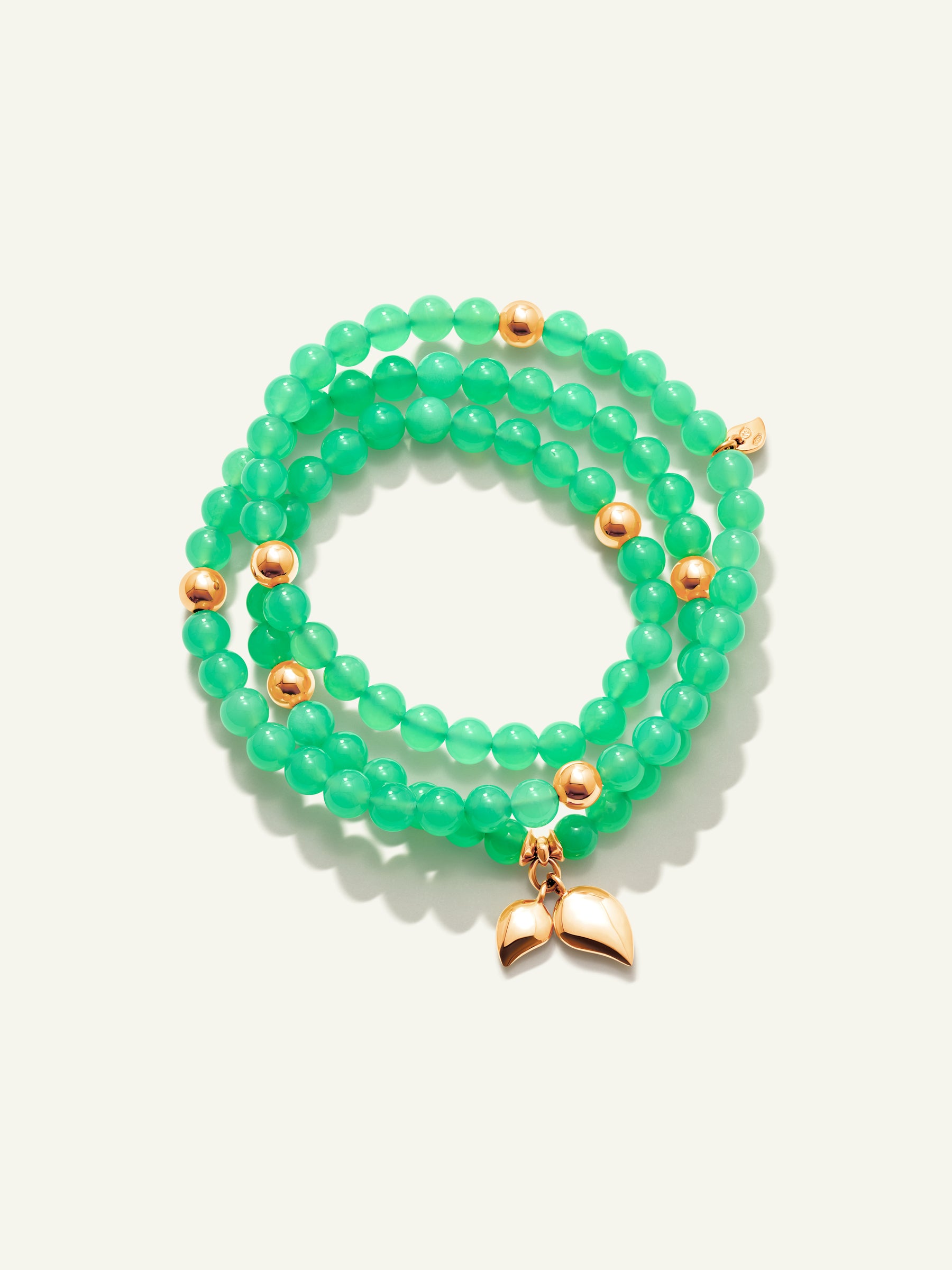 INDIA Medium Bracelet with 18K Gold Beads and Chrysoprase, Three Rows